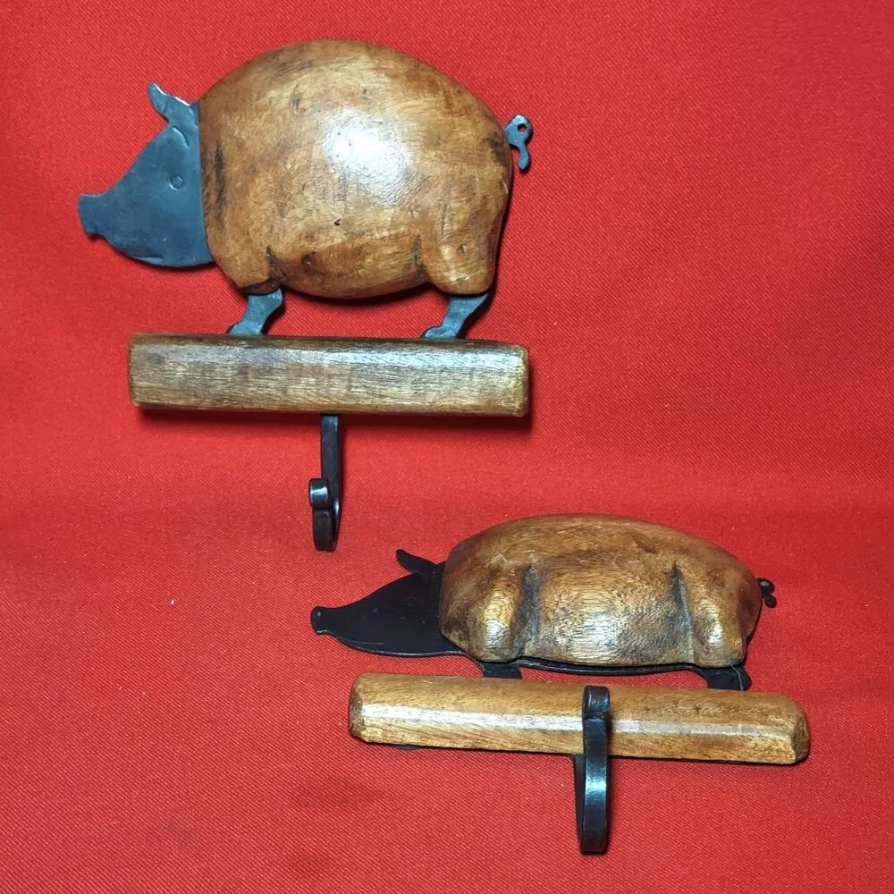 Vintage Wooden Steel Pig Hog Wall Hanging Decorative Kitchen Hook Set of 2